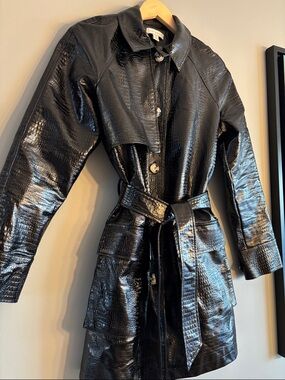 Topshop Black Faux Croc Leather Trench Coat